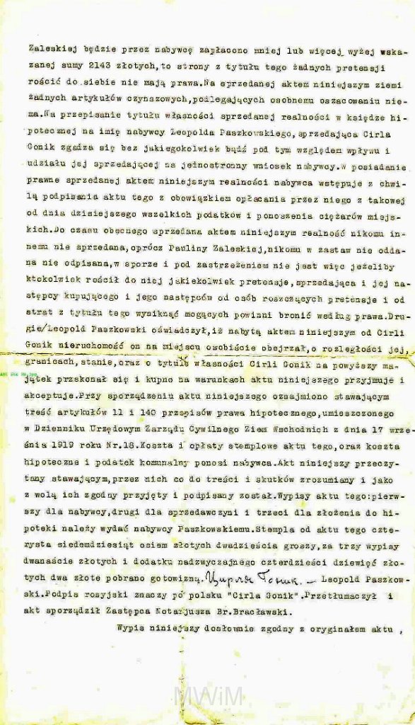 KKE 5922-3.jpg - Dok. Akt notarialny. Umowa zawarta między Cirlą Goniak a Leopoldem Kleofasem Paszkowskim. Pierwszy wypis z księgi notariusza Ignacego Rzążewskiego, Łuck, 29 III 1927 r.